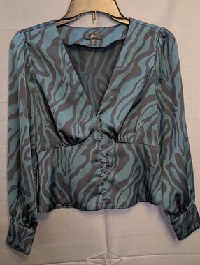 J. Crew Teal and Black Zebra-Print V-Neck Blouse